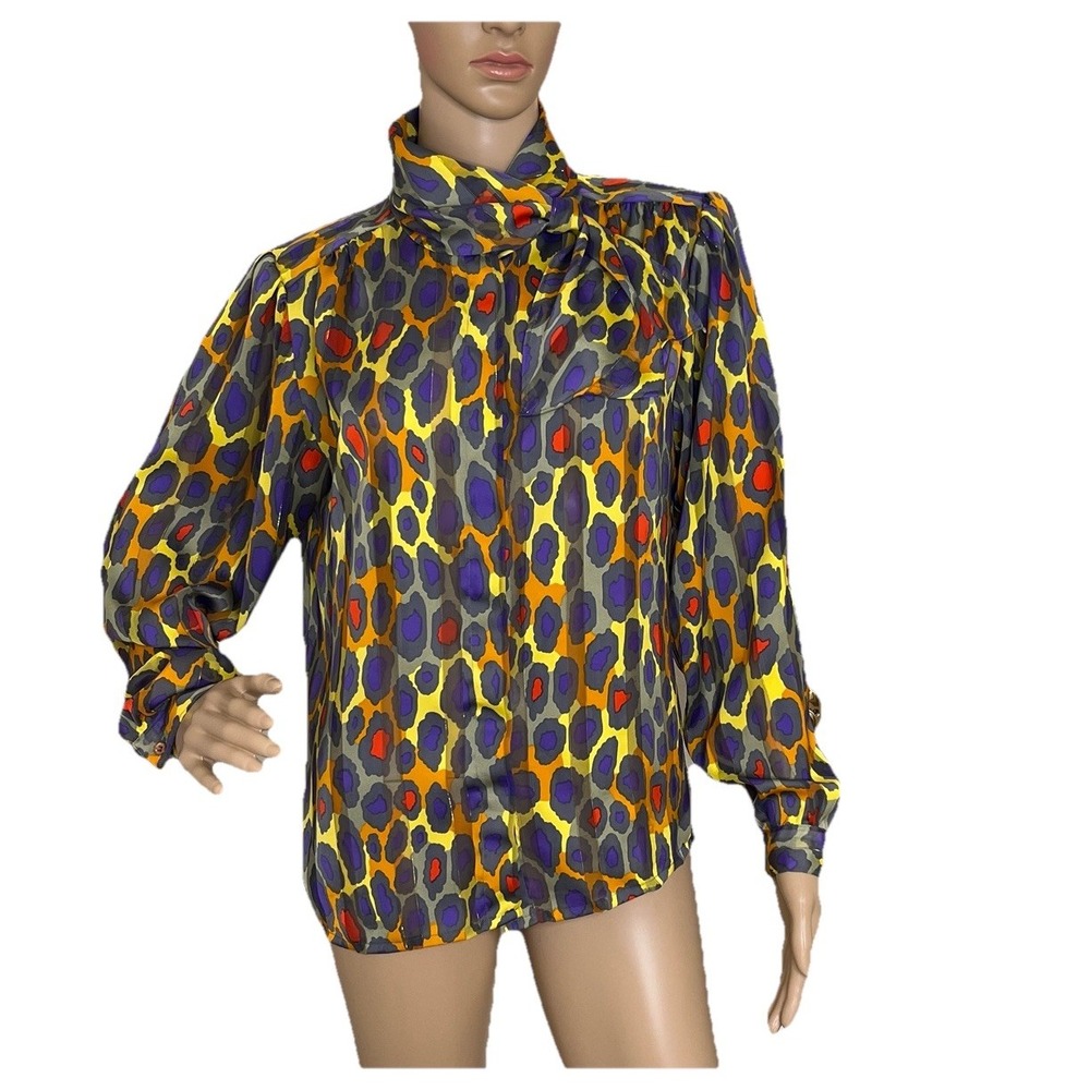 Vtg‎ Nicola Blouse Sz 8 Colorful Animal Print Corporate Career High Neck Silky